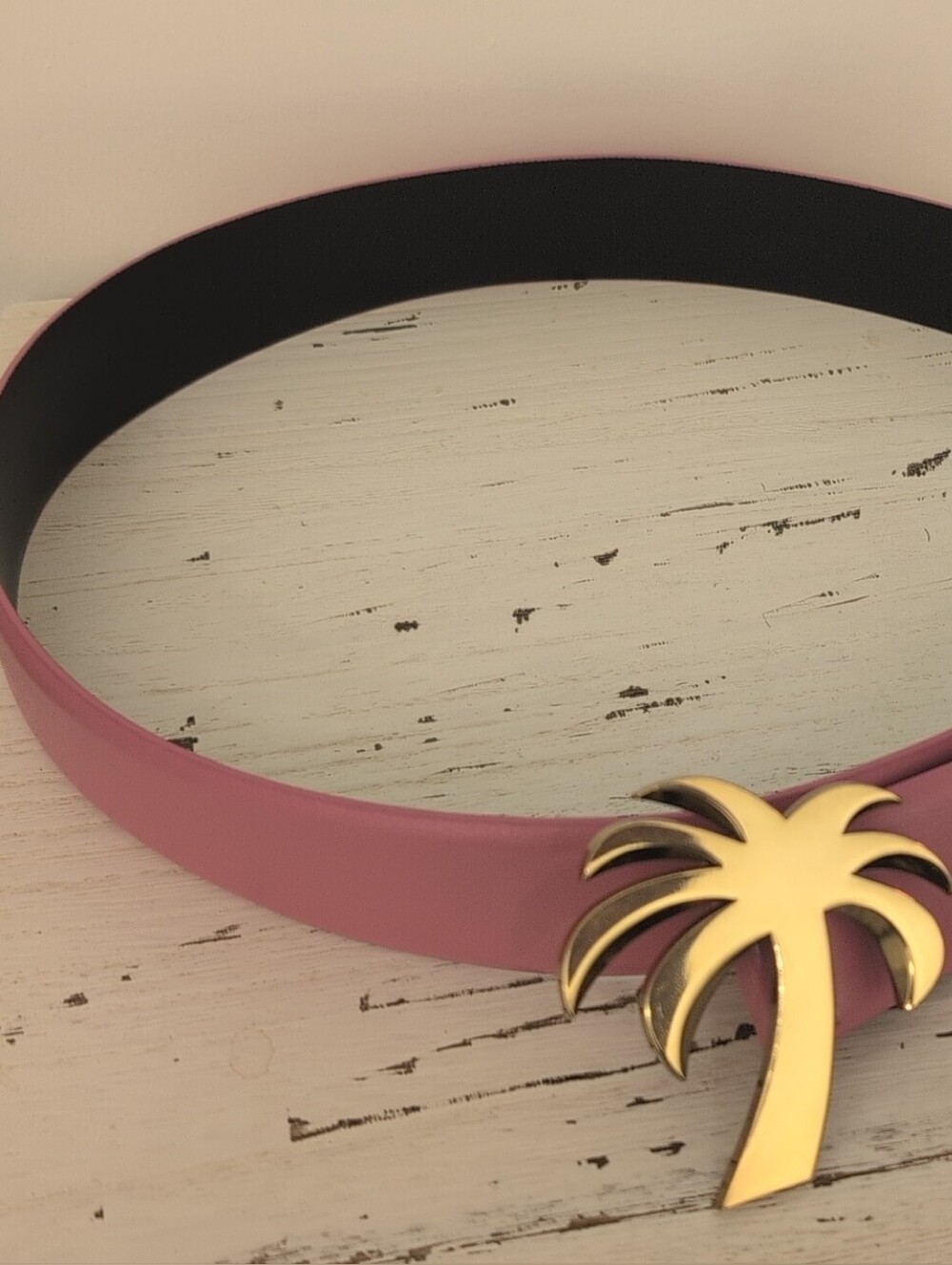 Palm Angels Pink Leather Belt with Gold Palm Buckle